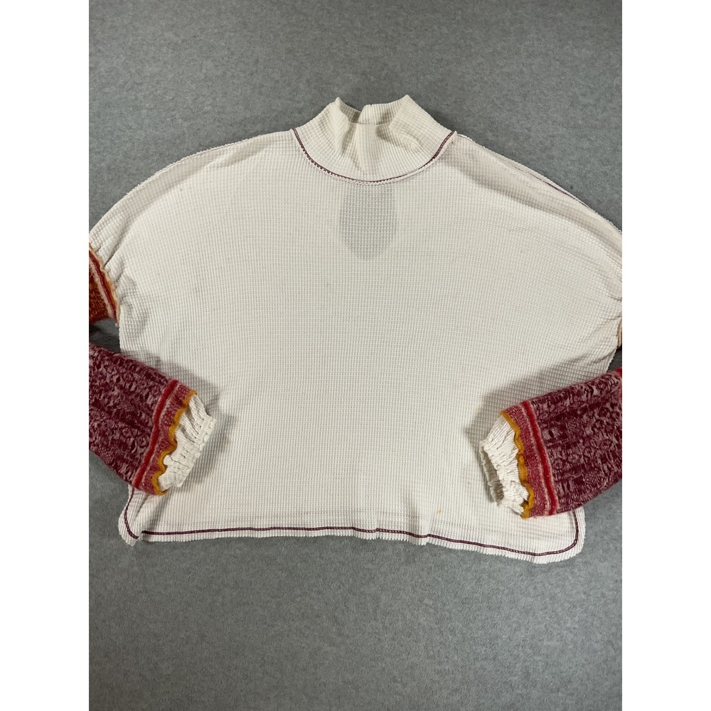 Free People Women White Waffle Knit Thermal Mock Neck Keyhole Back Small 2898